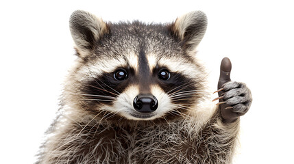 Obraz premium Raccoon showing thumbs up isolated on a white background. Studio shot.