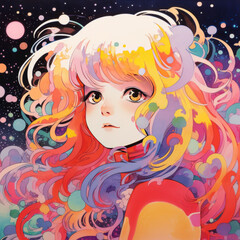 portrait of anime girl in close-up. Anime girl with beautiful pink hair is smiling happily. Bright colorful abstract background. girl smiles and laughs