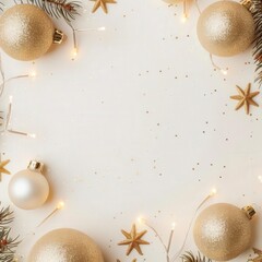 Blank mockup with gold glitter Christmas decorations, including twinkling fairy lights, shiny ornaments, and elegant garlands, set against a clean background for custom additions