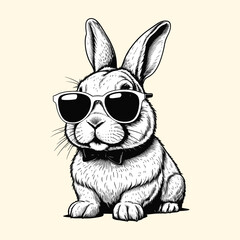 Hand Drawn Rabbit with Sunglasses Engraved Illustration