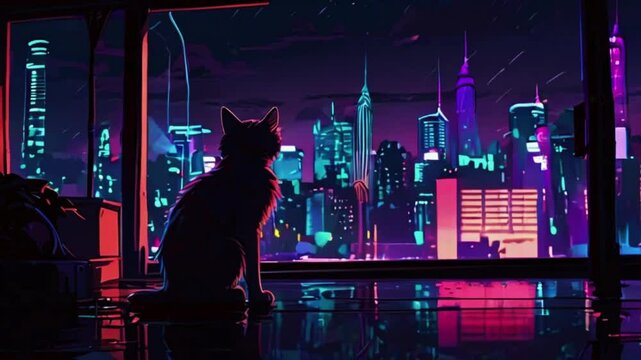 The cat looks out at a bustling cityscape, where neon lights reflect on the wet streets. Occasional flashes of lightning illuminate the scene, zoom OBS, anime chill hip hop. Cyan purple colours manga