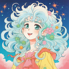 portrait of anime girl in close-up. Anime girl with beautiful blue hair is smiling happily. Bright colorful abstract background. girl smiles and laughs