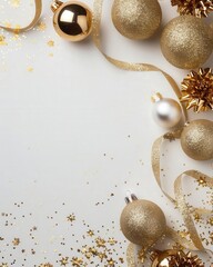 Festive blank mockup featuring glittering gold Christmas decorations, such as sparkling baubles, tinsel, and ribbon, set on a neutral background, perfect for custom text or images