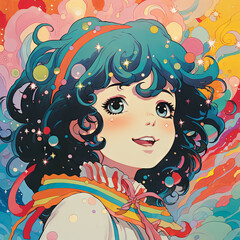 Naklejka premium portrait of anime girl in close-up. Anime girl with beautiful dark blue hair is smiling happily. Bright colorful abstract background. girl smiles and laughs