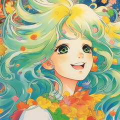 portrait of anime girl in close-up. Anime girl with beautiful turquoise and green hair is smiling happily. Bright colorful abstract background. girl smiles and laughs