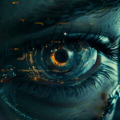 A menacing eye with some touches of fire and futuristic details