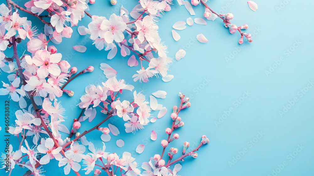 Poster spring nature background with lovely blossom in blue pastel color top view banner springtime concept