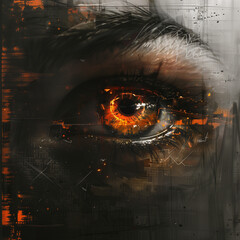 A menacing eye with some touches of fire and futuristic details