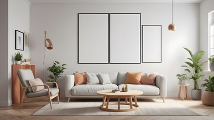 Frame mockup, ISO A paper size, Living room wall poster mockup, Interior mockup with house background, living room, Scandinavian style, 3D render, 3D illustration