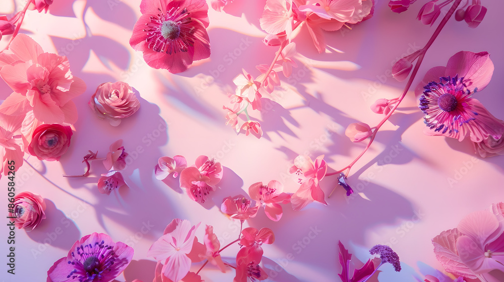 Poster Creative layout made with pink and violet flowers on bright background Flat lay Spring minimal concept : Generative AI