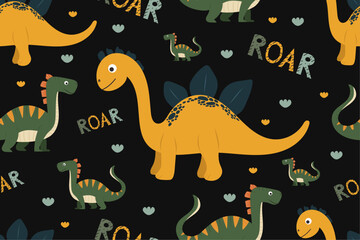 Children cute dinosaur pattern on black isolated background with roar lettering. Vector yellow and green dinosaurs in children cartoon style. For children's decor, cards, prints.