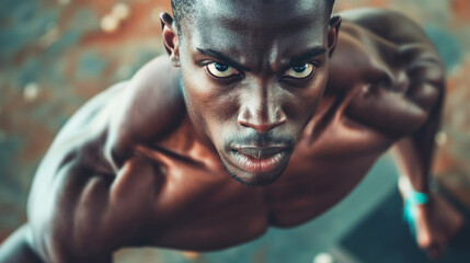 Close-up of an athlete with an intense gaze, demonstrating determination and physical fitness.