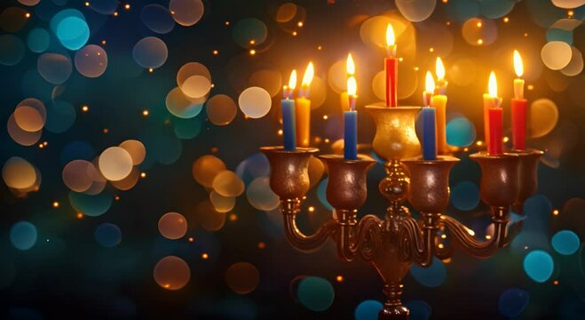 Hanukkah menorah lit with colorful candles against a dark background with glowing lights