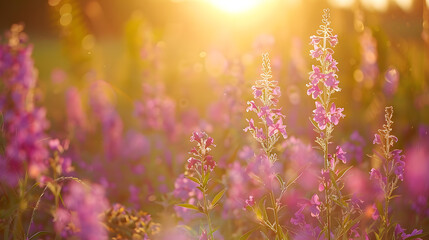 Obraz premium beautiful panorama rural landscape with sunrise and blossoming meadow purple flowers flowering on spring field wild flowers blooming on sunset summer panoramic view : Generative AI