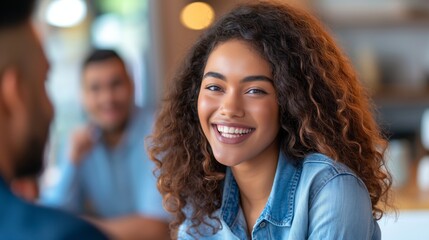 Obraz premium Woman with curly hair and a bright smile in a bright, modern office., with blurred background.