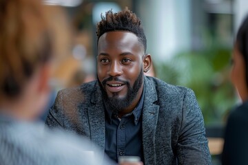 Obraz premium A Man With A Beard Smiles While Talking To Someone In An Office