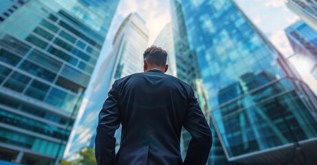 Fototapeta premium Back view of a businessman in a suit standing before a backdrop of modern office buildings, symbolizing financial growth and corporate success
