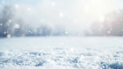 Softly falling snowflakes on a clean white background with a blurred winter landscape