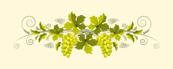 Grape branch with bunches of grapes and green leaves. Ornament, pattern, design element. Wine and winemaking concept. Vintage pattern for menu and wine labels. Vector isolated on yellow background.
