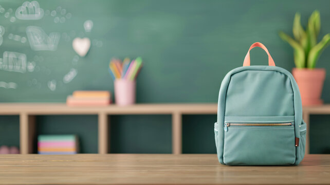 Back to school concept with backpack on desk in classroom setting