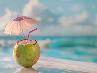 Fresh Coconut Water on Beachside Table: Tropical Refreshment