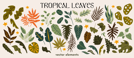 Cartoon tropical plants vector illustration set for design. Different types of exotic leaves funky groovy decorative elements kit. Collection of botanical shapes forms sticker bundle