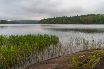 View from the shore of Lake Ladoga near the village of Lumivaara on a sunny autumn day, Ladoga skerries, Lahdenpohya, Republic of Karelia, Russia