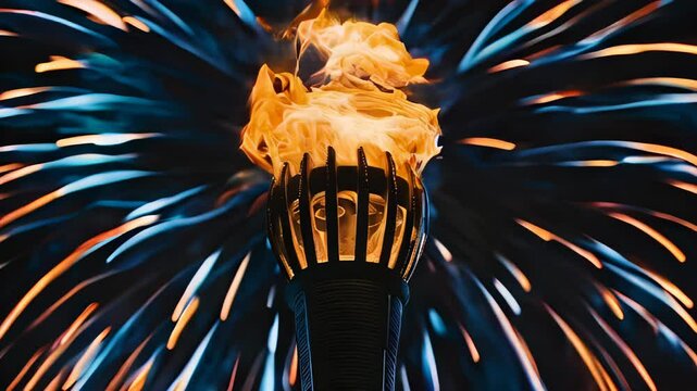 A close-up of an Olympic torch with vibrant flames burning brightly against a backdrop of colorful fireworks at night, ceremony of Paris 2024 Olympics.