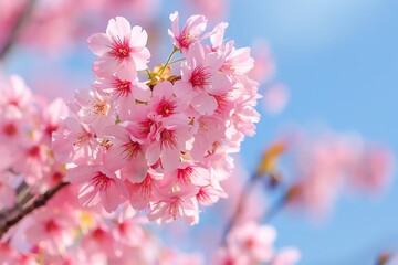 Cherry blossom trees in bloom, pink petals, clear blue sky, selective focus, peaceful grove, vibrant, composite, traditional garden backdrop