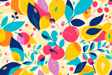 Vibrant fruit pattern with colorful fruits and leaves on a light background. Perfect for fresh and summery designs.