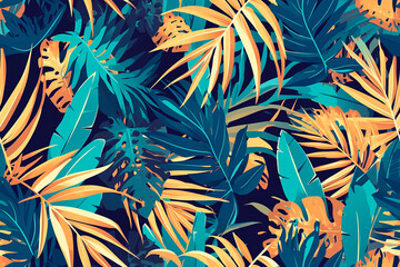 A seamless pattern featuring tropical leaves in shades of blue, teal, and yellow, against a dark background. The design is lush and vibrant, evoking a sense of exotic nature.