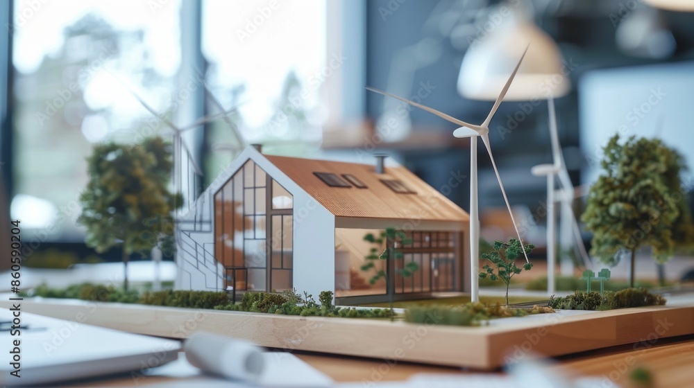 Poster a model of a house with a wind turbine on top