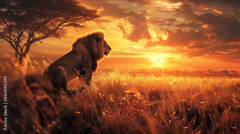 Wall mural Lion in Sunset Silhouette on Grass