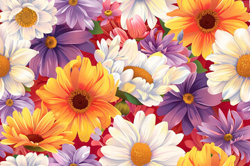 A seamless pattern of various colorful flowers in shades of yellow, white, purple, and orange on a red background.