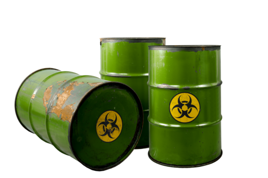 Barrel with toxic waste. Biohazard warning sign. Rusty dangerous barrel with pathogens, or other toxins on isolated background