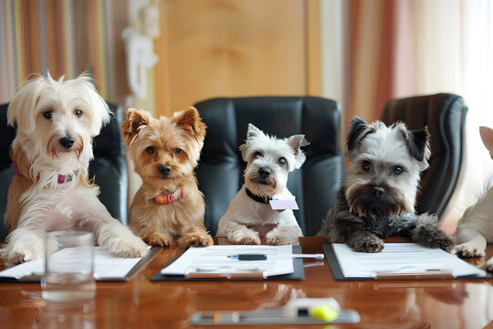 Funny dogs with teamwork meeting. Business dogs in office workplace.