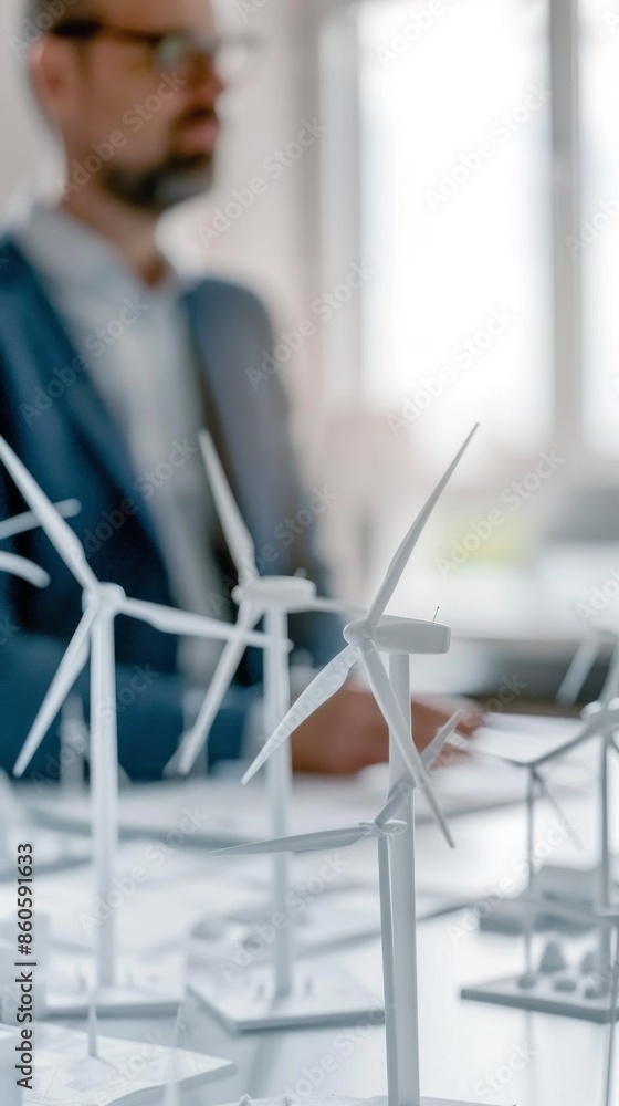 Aufkleber a man is sitting at a desk with a model of wind turbines in front of him