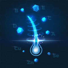 Hair follicle on a dark blue background. Nourishing vitamins, minerals and trace elements for healthy hair. Futuristic vector illustration