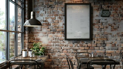 Illustration of blank black menu frame on brick wall with lamp in loft cafe interior, 3d mockup rendering background. Ai generated image