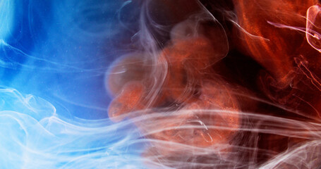 Color smoke. Paint water splash. Defocused red blue vapor cloud glitter particles texture ink mix...
