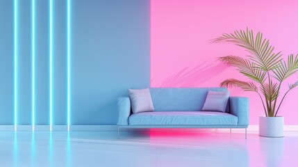 A modern living room with neon lights, designed in a minimalist style with clean lines and uncluttered space. The neon lighting creates a bold and dynamic look.