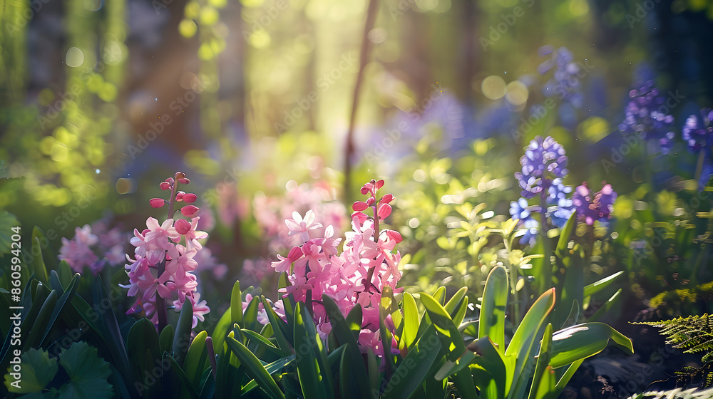 Poster spring glade in forest with flowering pink and purple hyacinths in sunny day in nature colorful natu