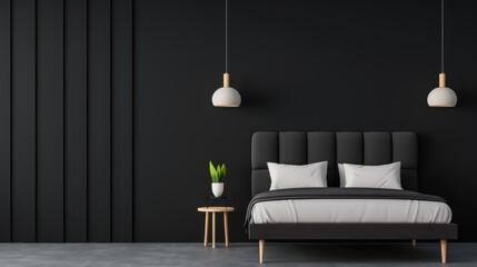 A chic black bedroom with a minimalist aesthetic, featuring sleek furniture and stylish decor. The image provides plenty of copy space for adding text or graphics, ideal for showcasing modern