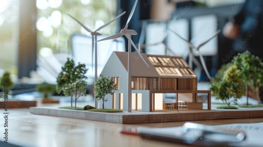Poster a model of a house with a wind turbine on top