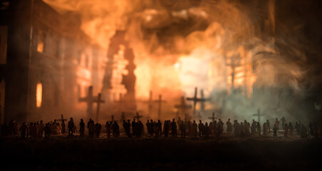 Nuclear war apocalypse concept. Explosion of nuclear bomb in city. City destroyed by atomic war....