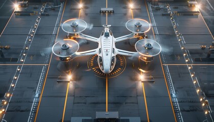 Obraz premium Technological air transport taxi for transporting people and goods in big cities. The quadcopter is standing on the take-off pad at the airport.