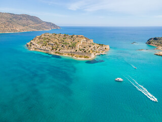 Mirabello Bay view by drone with Spinalonga island on Crete, Greece.