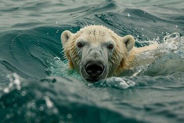 Fototapeta premium One large, white, polar bear swims in cold waters of Arctic Ocean, its head visible on surface