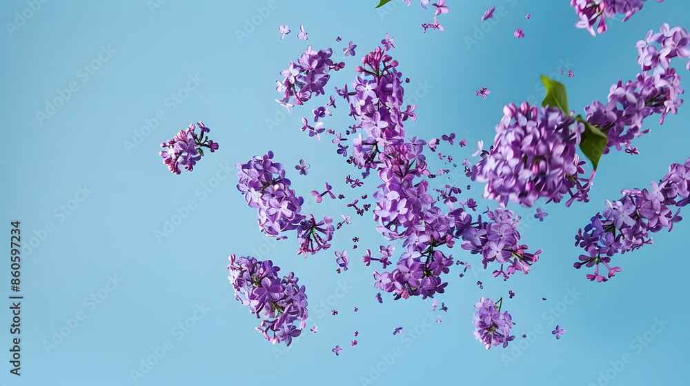Poster Fresh lilac blossom beautiful purple flowers falling in the air isolated on blue  background Zero gravity or levitation spring flowers conception high resolution image : Generative AI