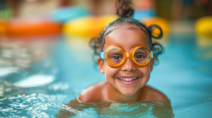 A little black girl with orange swim goggles on his forehead, smiles brightly in an outdoor swimming pool. Perfect for promoting summer activities, water sports and swimming lessons.